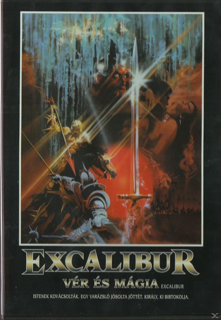 Az 'Excalibur' című film plakátja. Lovag a lovon, kard a levegőben. Sötét háttér.