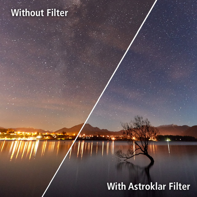 A split image of a starry night sky over water, one side with a filter, one side without. 