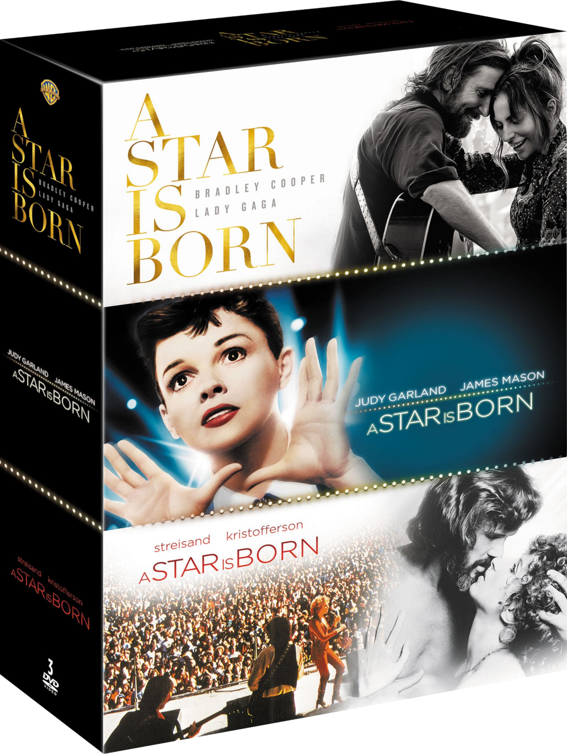 Un coffret avec trois couvertures de films : A Star Is Born avec Bradley Cooper, Lady Gaga et Judy Garland.