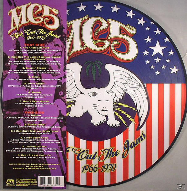 Eine Schallplatte mit einem MC5-Design. Es ist ein lila-weißes Design mit rotem Band und Text.