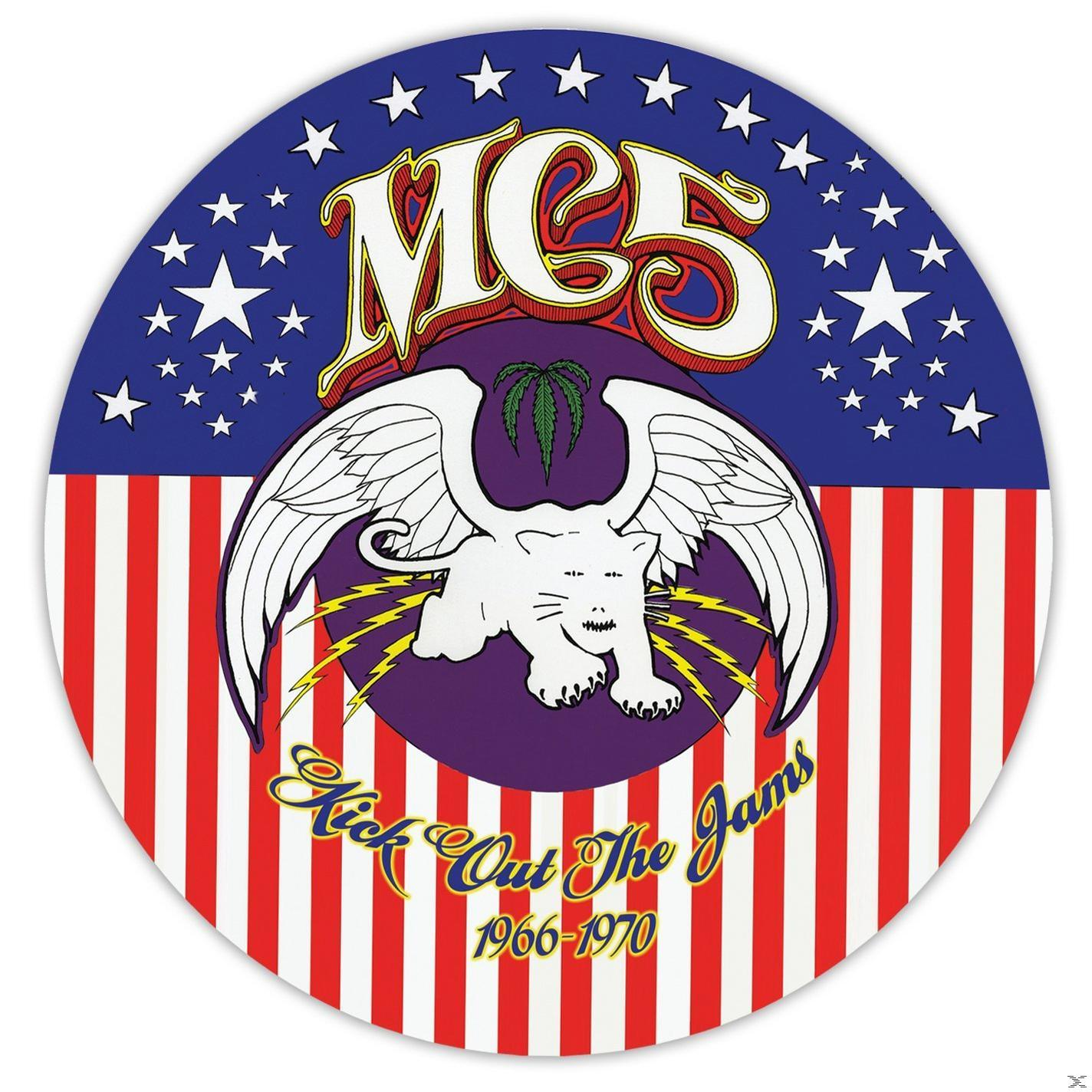 MC5 Albumcover. Eine weiße Katze mit Flügeln und Blitzen auf rundem Design.
