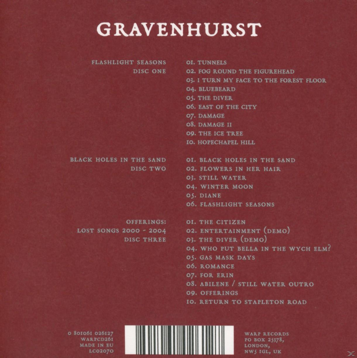 Dos de l'album avec les listes de titres de l'album de Gravenhurst, 'Flashlight Seasons'.