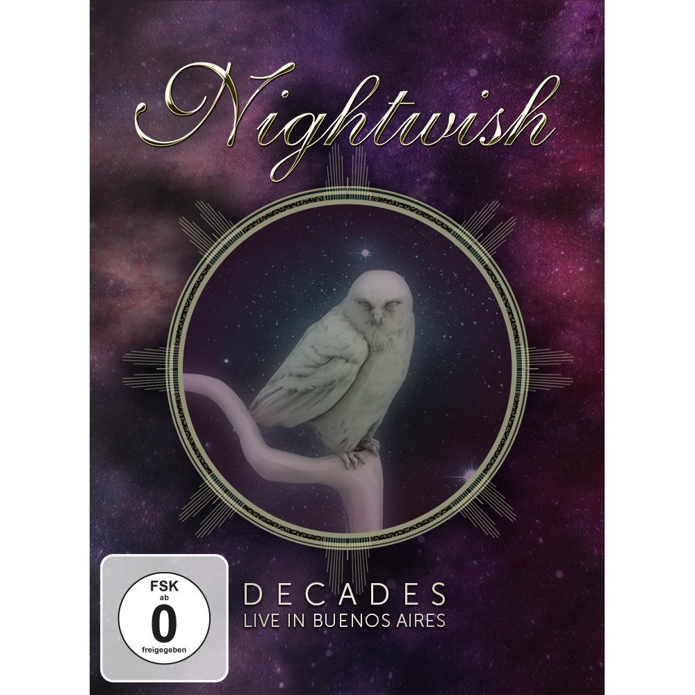 Album borító: Nightwish, bagoly egy ágon egy körben, lila háttér, 'Decades' felirat.