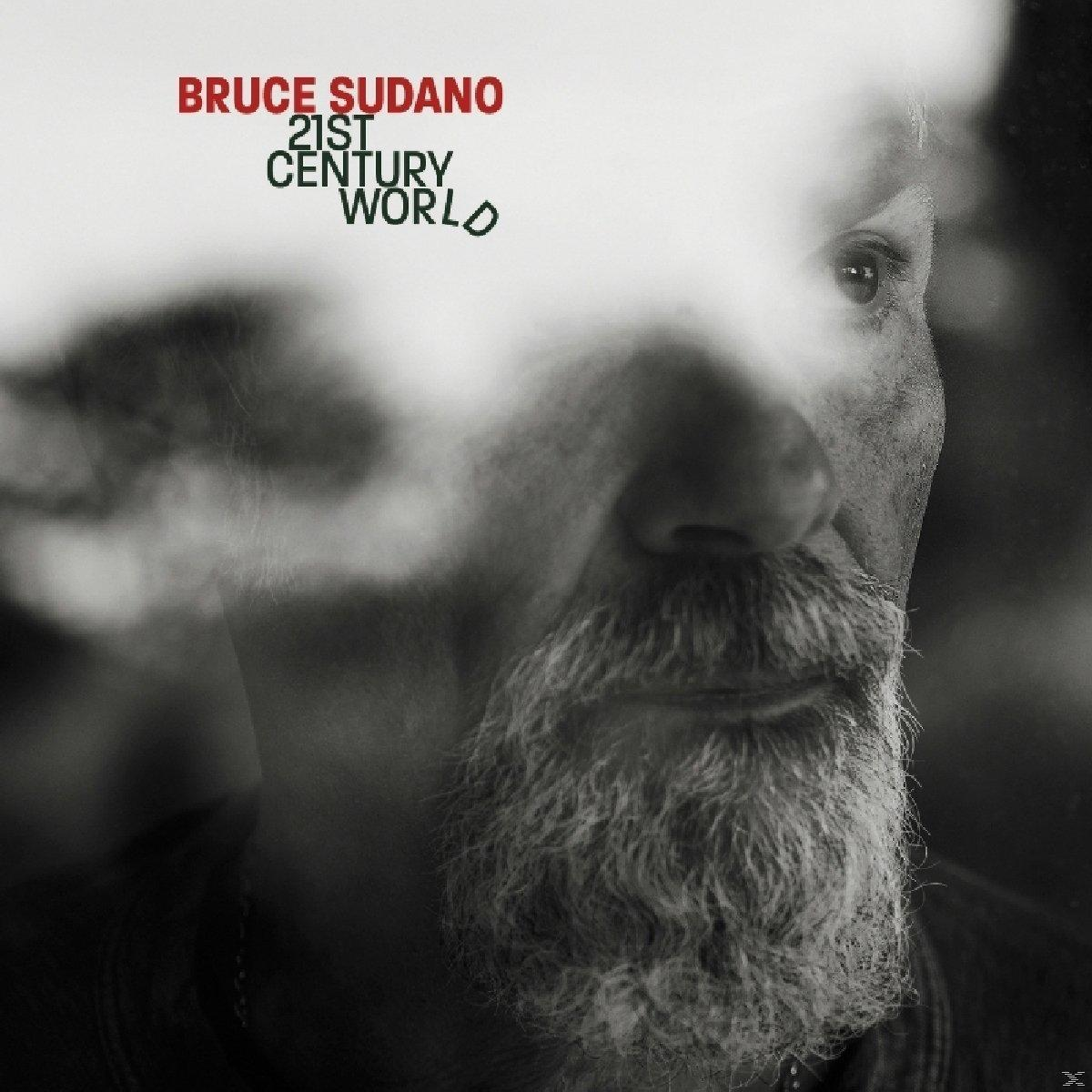 Schwarz-weiß Albumcover mit dem Gesicht eines Mannes mit Bart. Text lautet: 'Bruce Sudano 21st Century World'.