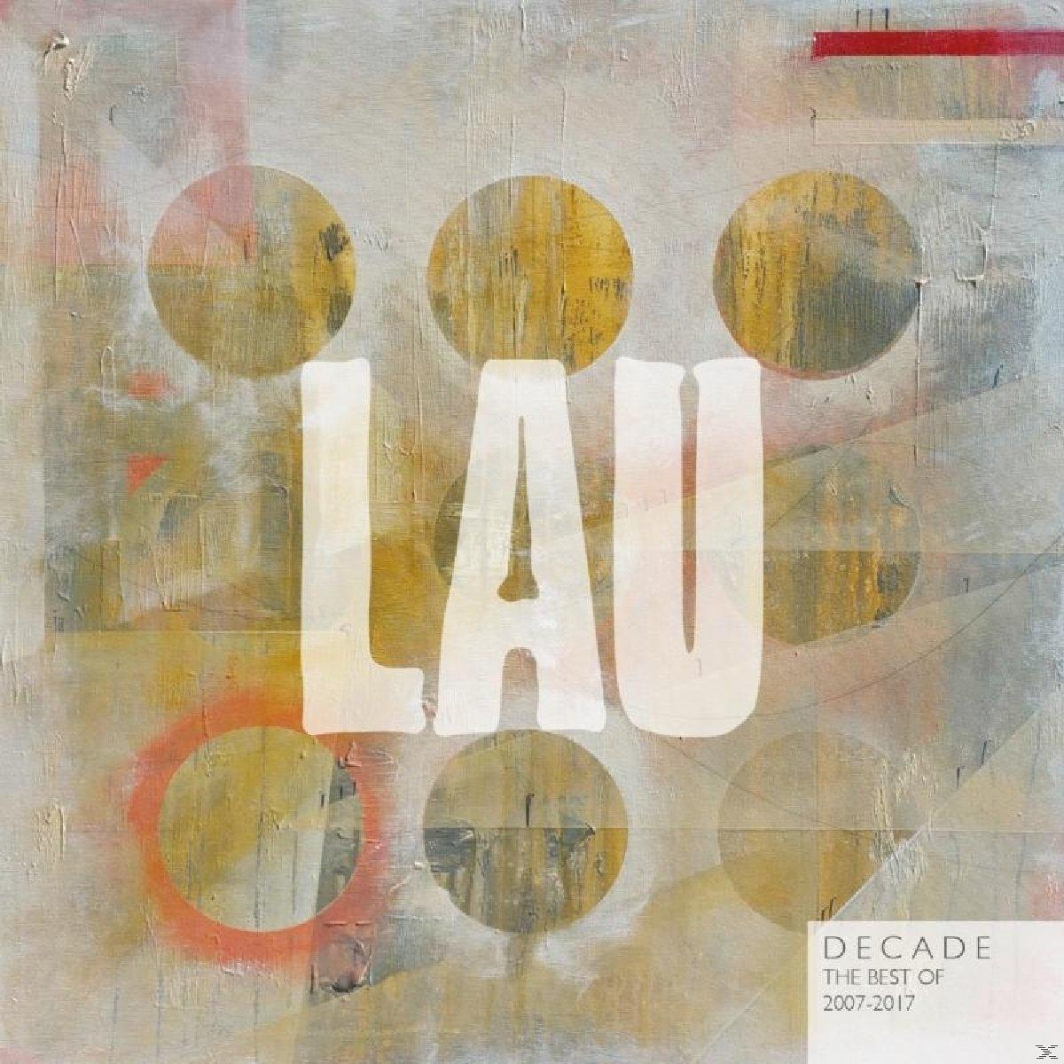 Albumcover: LAU Decade, weiße Buchstaben über bunten Kreisen.