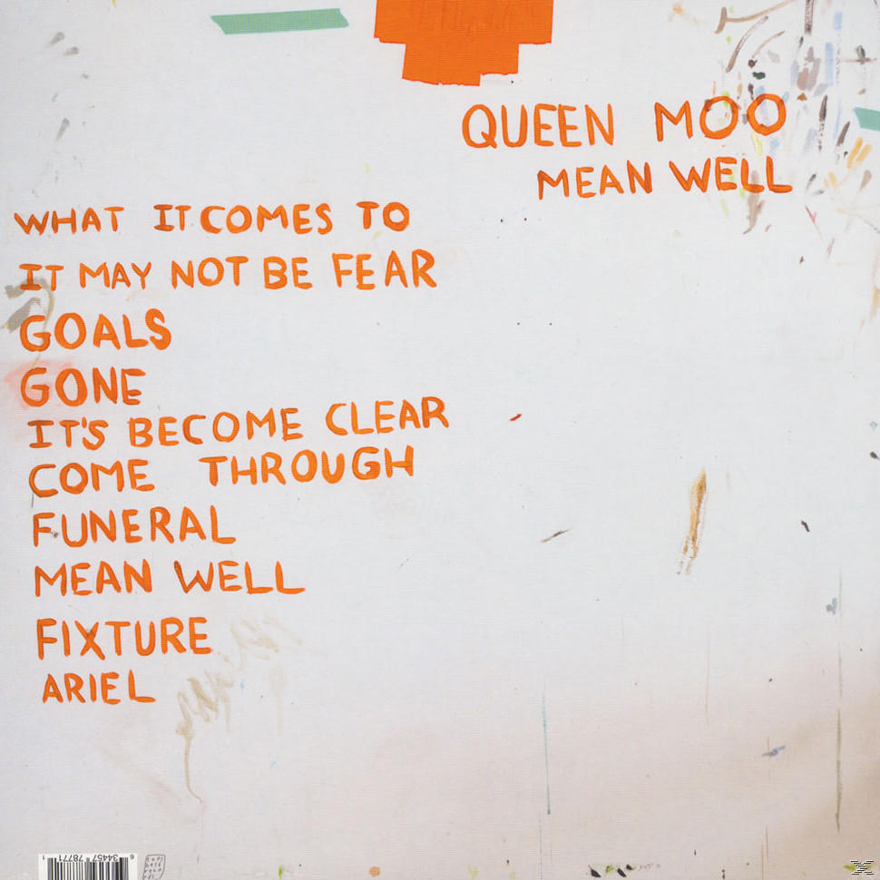 Albumcover mit orangefarbenem Text und Titel auf weißer Leinwand mit Farbflecken.