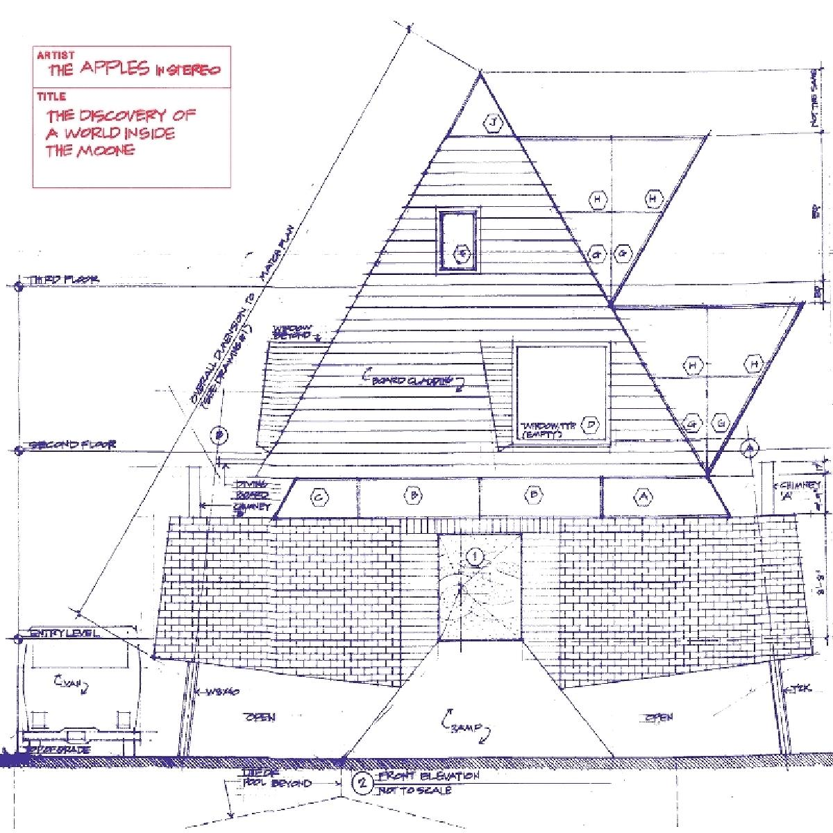 Architektonische Blaupause eines Gebäudes mit dreieckigem Dach. Text zeigt Titel und Abmessungen.