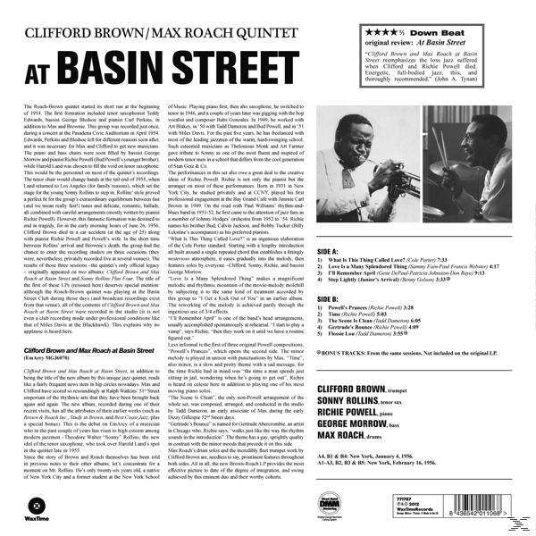 Album borító: Clifford Brown/Max Roach Quintet a Basin Streeten, szöveggel és zenészek fotóival.