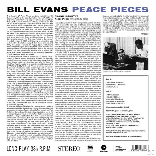 Bill Evans Peace Pieces album borítója. Szöveg és portrék láthatók a művészről.
