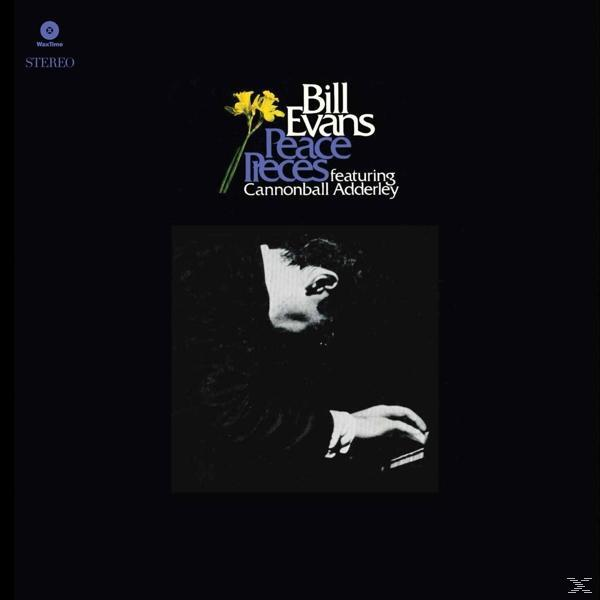 A Bill Evans 'Peace Pieces' című albumának borítója. Egy fekete-fehér képen egy zongorázó férfi, fehér és lila szöveggel.