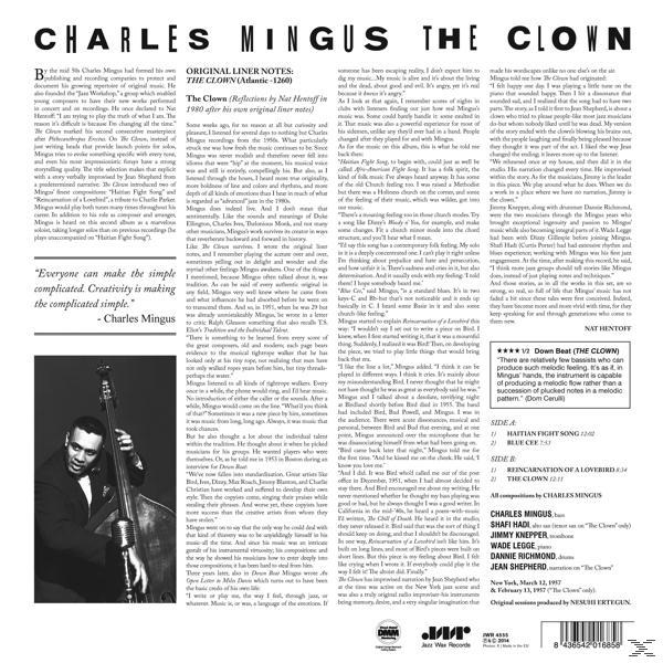 Öltönyös férfi, nagybőgőt tart. Szöveg Charles Mingusról és a 'The Clown' című albumáról.