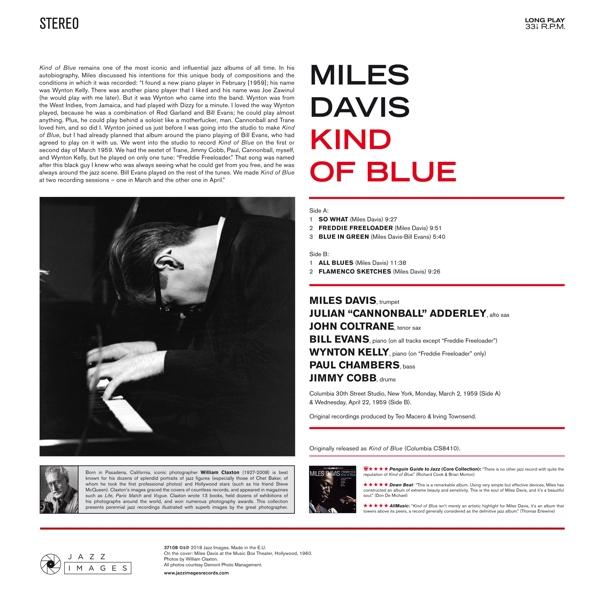 Albumcover von Miles Davis 'Kind of Blue' mit einem Pianisten, Trackliste und Bandmitgliedern.
