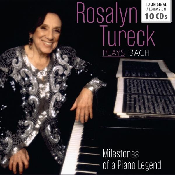 Album cover with a woman playing a piano. Text: Rosalyn Tureck plays Bach, Milestones of a Piano Legend.