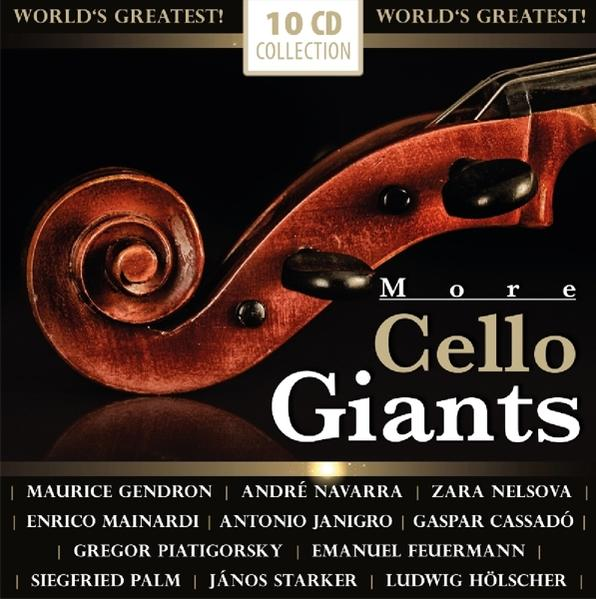 Albumhoes met vioolbody, titel 'More Cello Giants' en namen van cellisten.