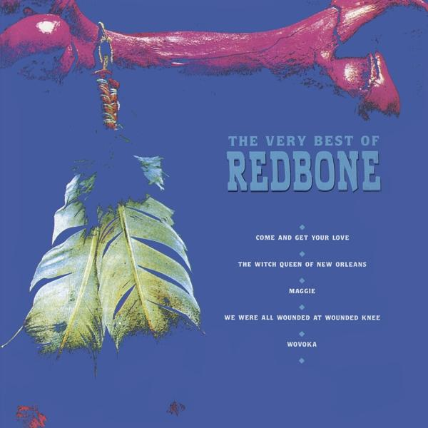 Redbone Albumcover, blauer Hintergrund, Feder- und Stammeskunst, Text.
