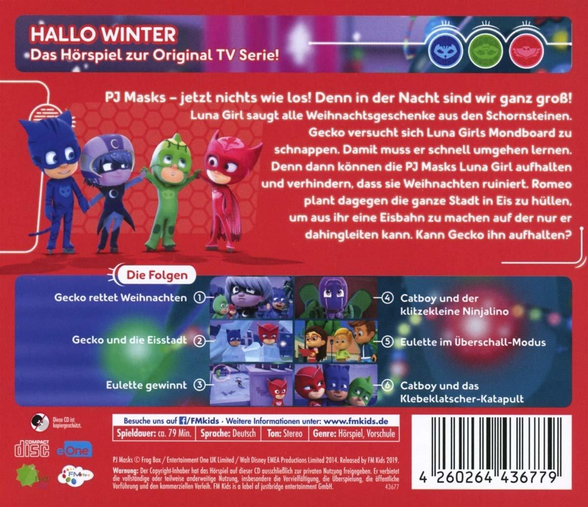 Rückseite einer DVD-Hülle. Figuren aus PJ Masks. Text in mehreren Sprachen.