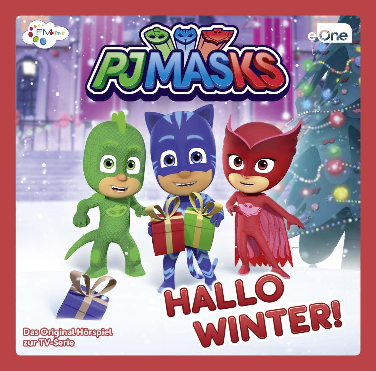 PJ Masks Cover, drei kostümierte Charaktere, Winterthema.