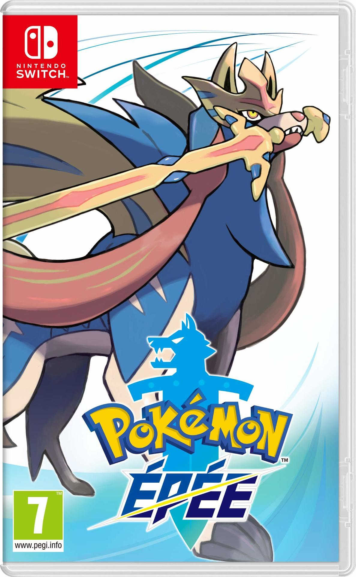 Nintendo Switch gamecase voor Pokémon Épée. Voorzien van een blauw en goudkleurig wezen op de cover.