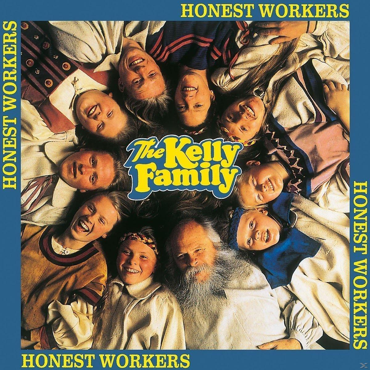 Albumcover mit vielen Leuten, die liegen und Gesichter zur Kamera zeigen. Text sagt 'Honest Workers' und 'The Kelly Family'.