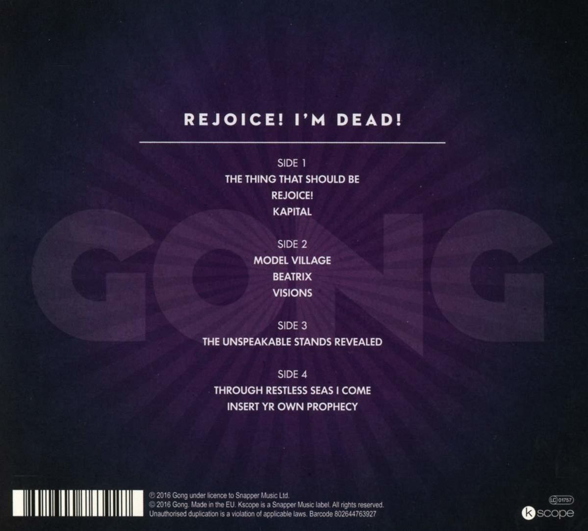 Rückseite eines CD-Covers. Das Album heißt Rejoice! I'm Dead! von Gong. Die Titelliste wird angezeigt.