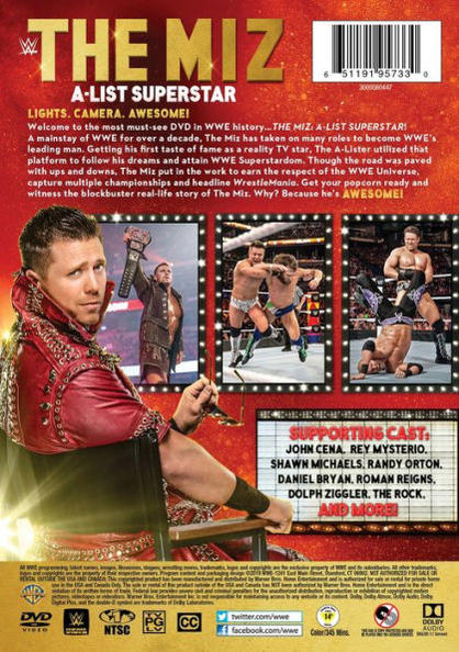 The Miz DVD-Cover mit Bildern von Miz, Championgürtel und anderen Wrestlern sowie Text.