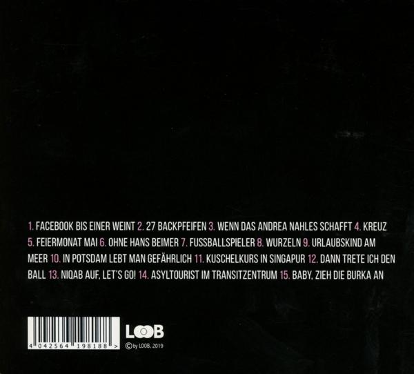Rückseite eines Albums mit einer Liste von Titeln auf Deutsch. Schwarzer Hintergrund.