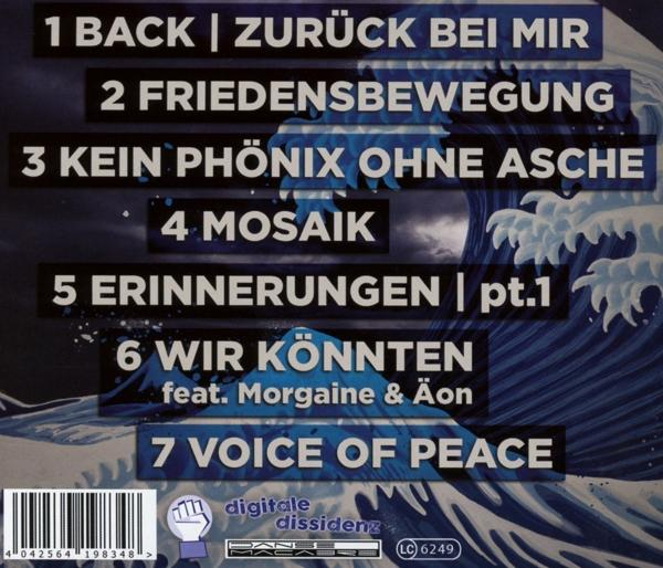 Albumcover mit deutschem Text, blauer Wellenkunst und Titelliste.