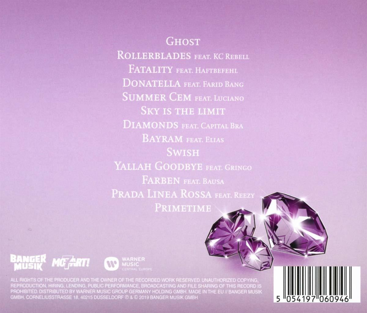 Rückseite eines CD-Albums mit Titellisten und einer Juwelen-Grafik. Lila und weiße Farben.