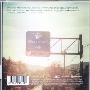 Albumcover: Rückseite des Albums. Straßenschild mit dem Namen der Stadt 'Woodstock'.