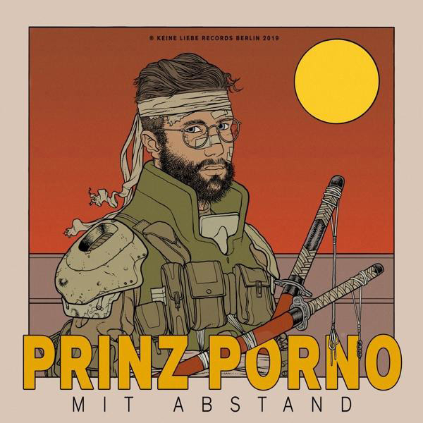 Albumcover mit Mann mit Brille, Stirnband und Schwertern. Der Hintergrund ist orange.
