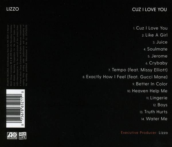 Rückseite von Lizzos Album "Cuz I Love You". Schwarzer Hintergrund, Titelliste rechts.