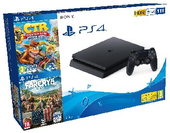Consola - Sony PS4 Jet Black, 1 TB, DUALSHOCK®4, USB / HDMI, Juego CRASH TEAM RACING™ NITRO FUELLED + FARCRY® 5