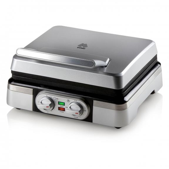 Silver and black sandwich maker with dials. White background.
