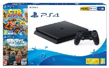 Caja de consola PS4 con juegos. La consola es negra, se ve el mando. Los juegos incluyen CTR y FarCry5.