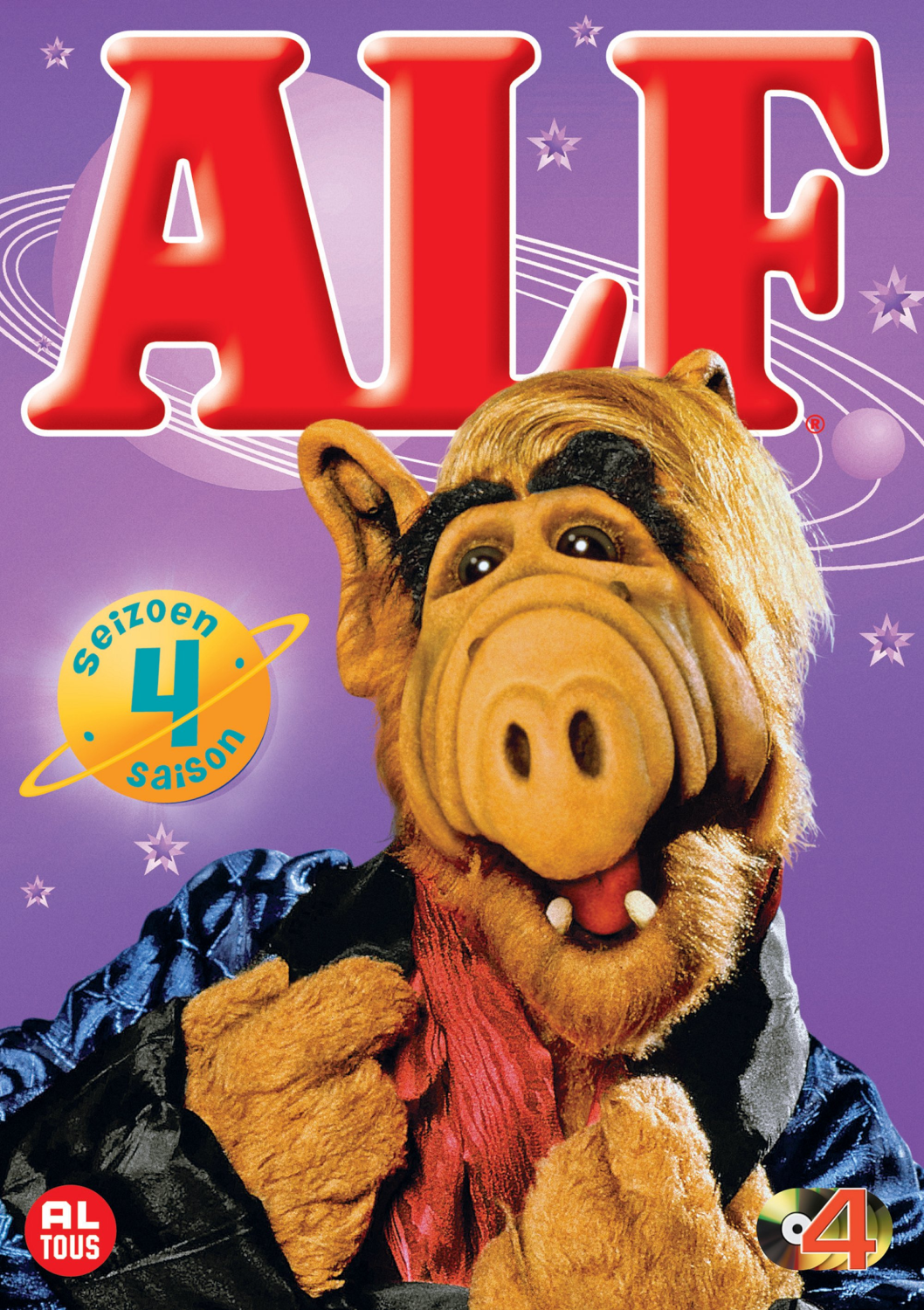 Couverture DVD ALF. Un extraterrestre brun avec un col rouge sourit.