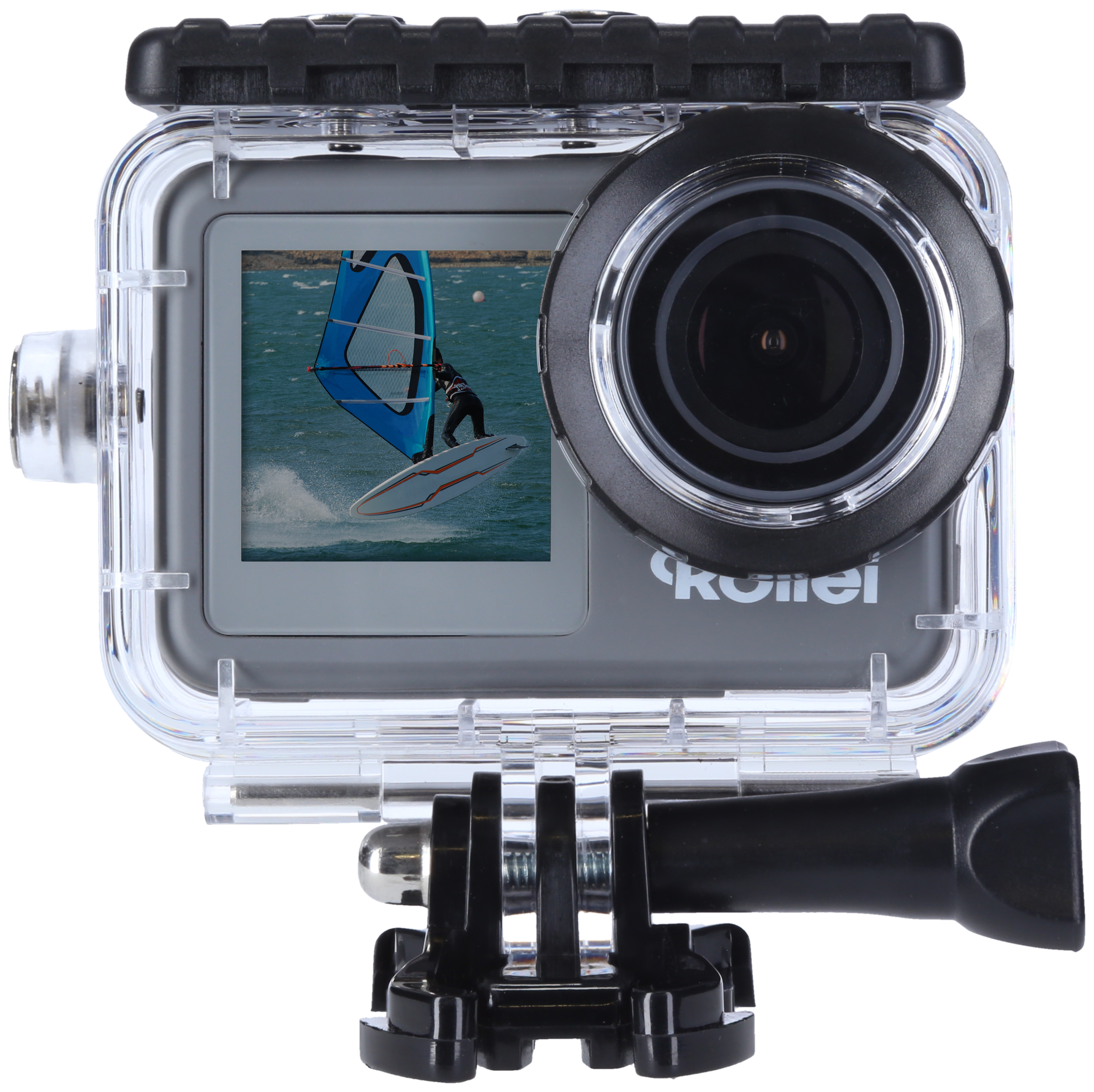 Eine Rollei Action-Kamera in einem transparenten wasserdichten Gehäuse, die eine Person beim Surfen zeigt.