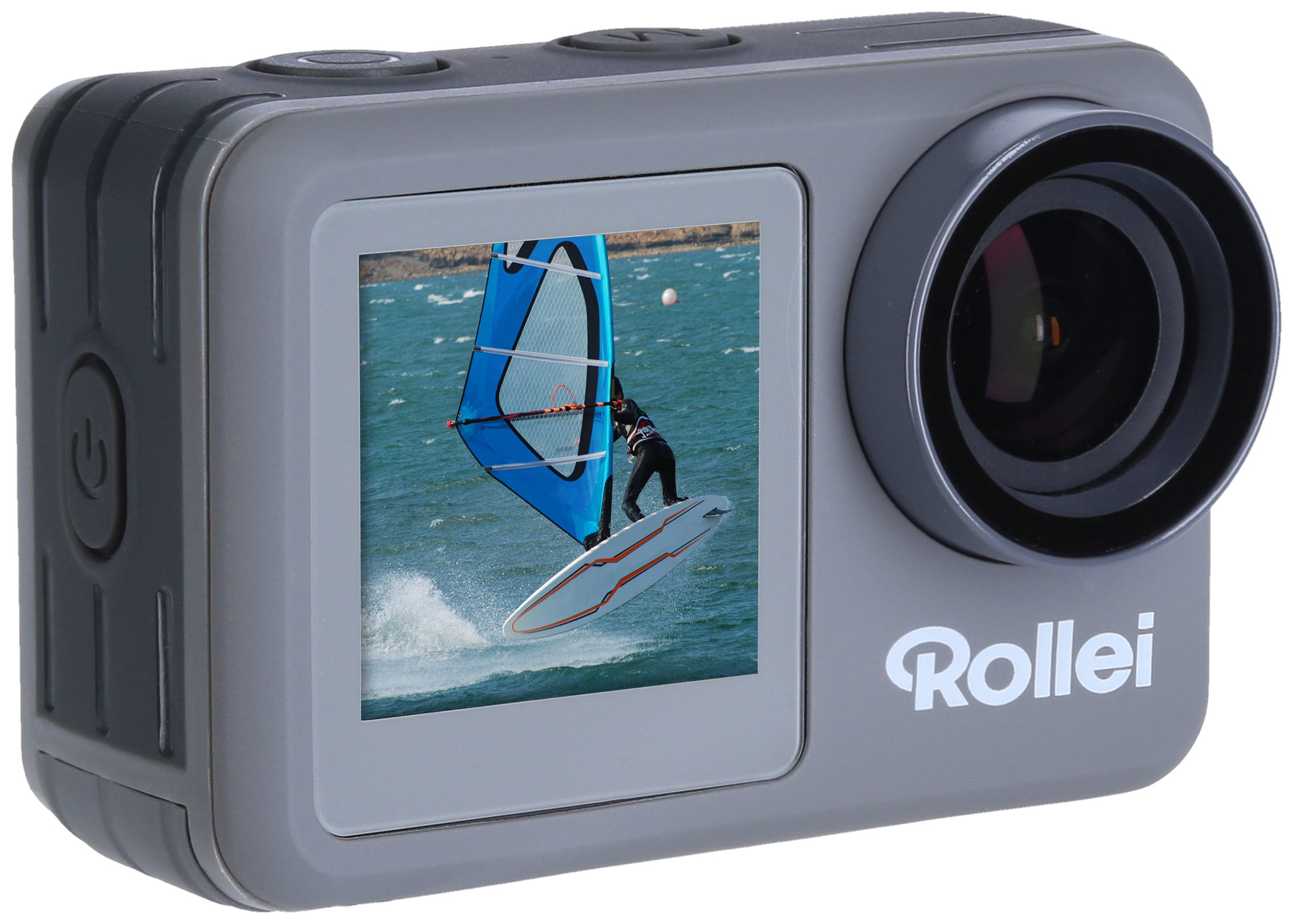 Eine graue Action-Kamera mit einem Bildschirm, der einen Windsurfer in Aktion zeigt. Die Kamera hat ein Rolleiflex-Logo.