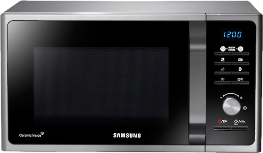 Fekete-ezüst Samsung mikrohullámú sütő digitális kijelzővel a jobb oldalon.