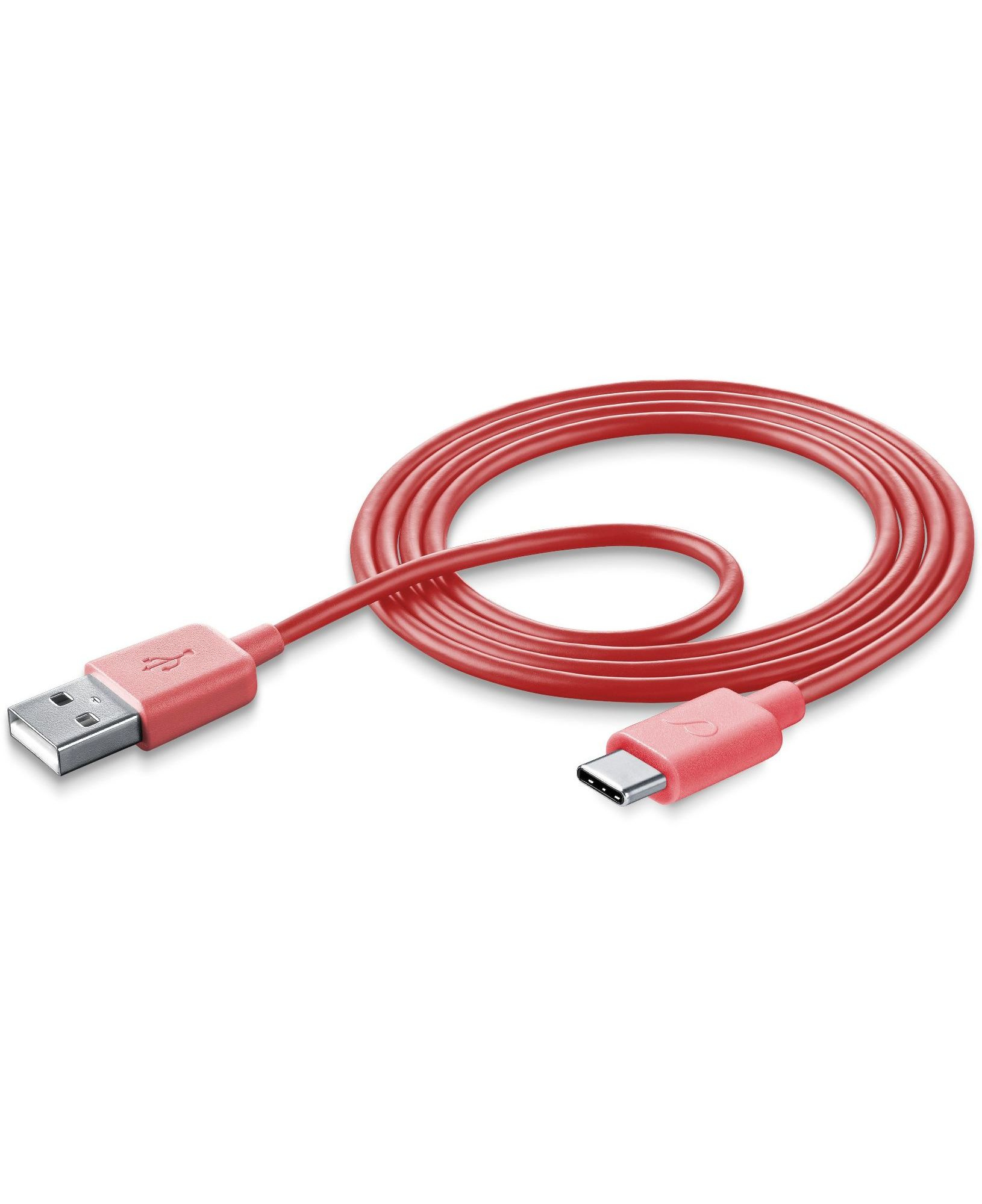 Cable rojo USB-C a USB-A, enrollado sobre un fondo blanco.