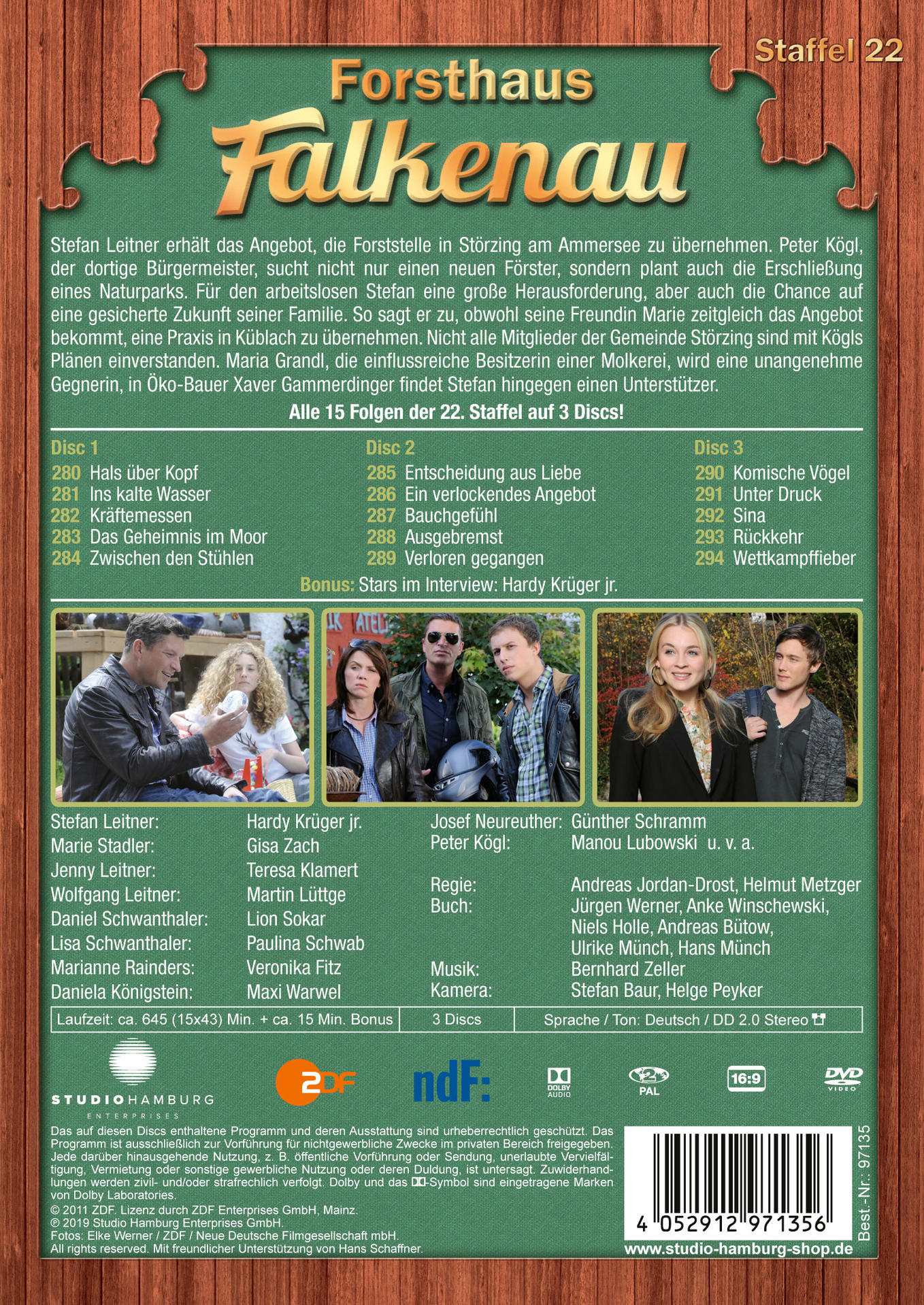 DVD-Hülle für die Serie Forsthaus Falkenau, mit Fotos der Darsteller und Episodendetails.