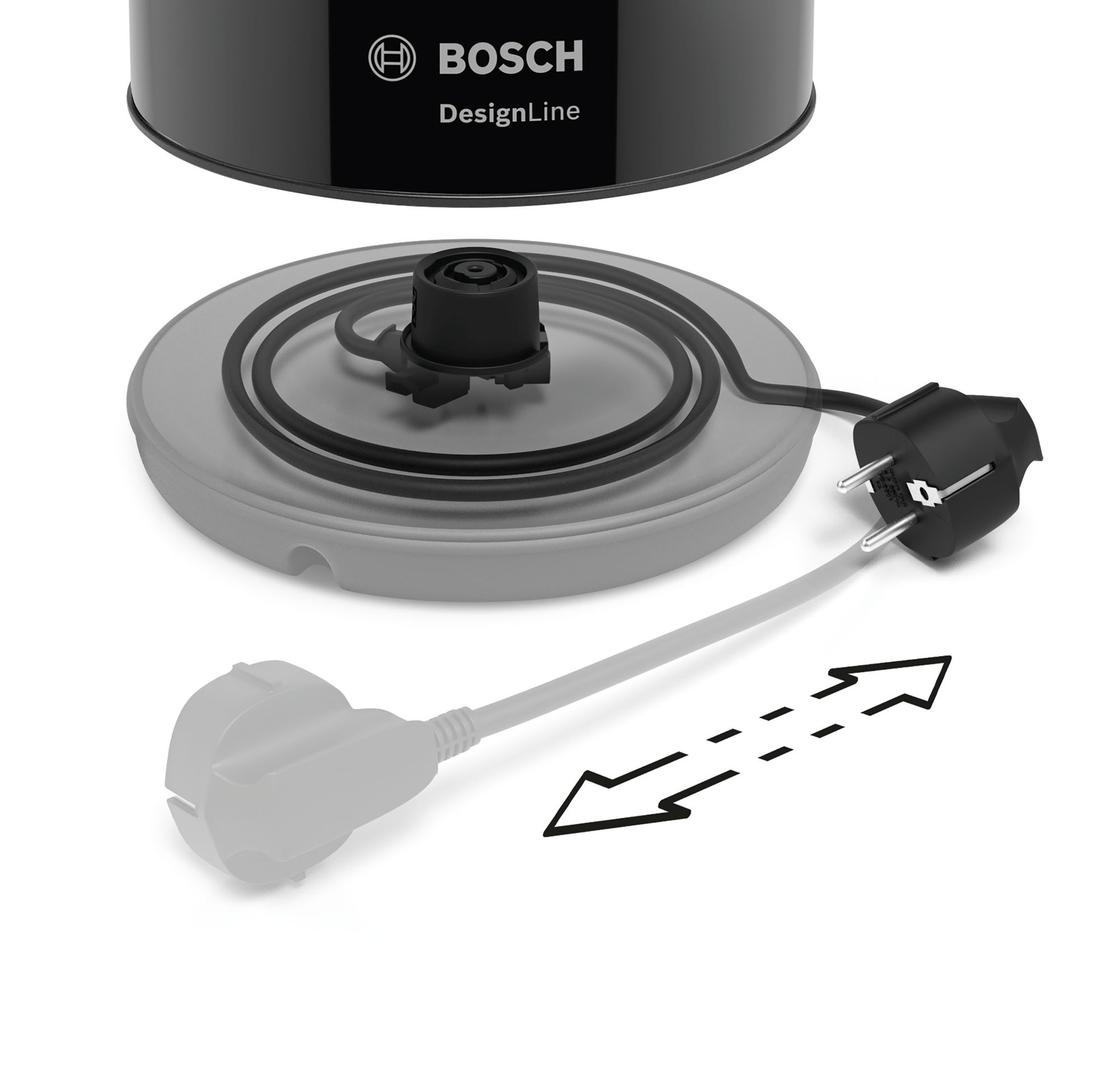 Schwarze und graue Teile eines Wasserkochers, einschließlich Stecker und Sockel, vor weißem Hintergrund.