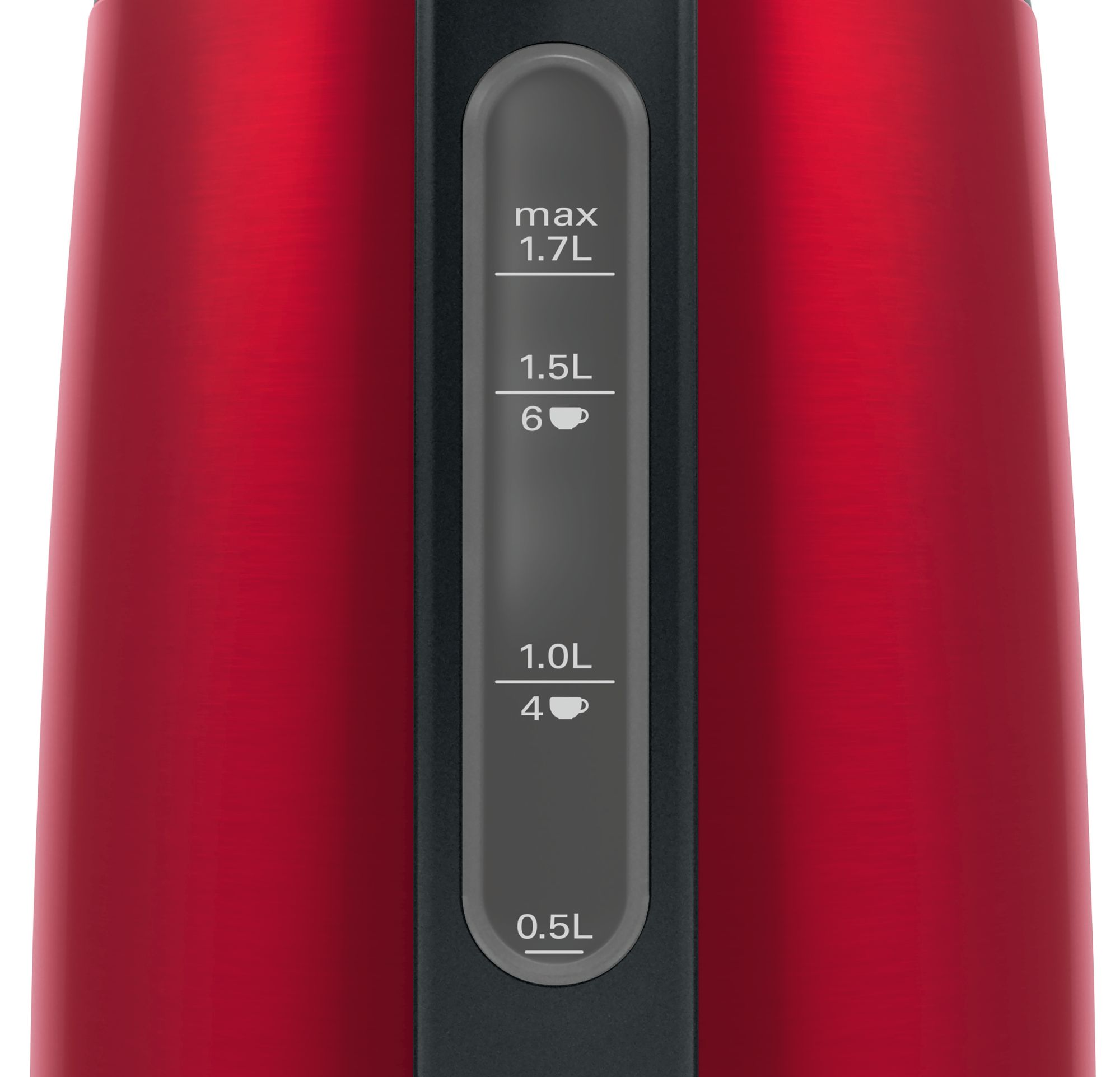 Roter Wasserkocher mit Wasserstandsanzeige, die die Kapazitätsmarkierungen zeigt.