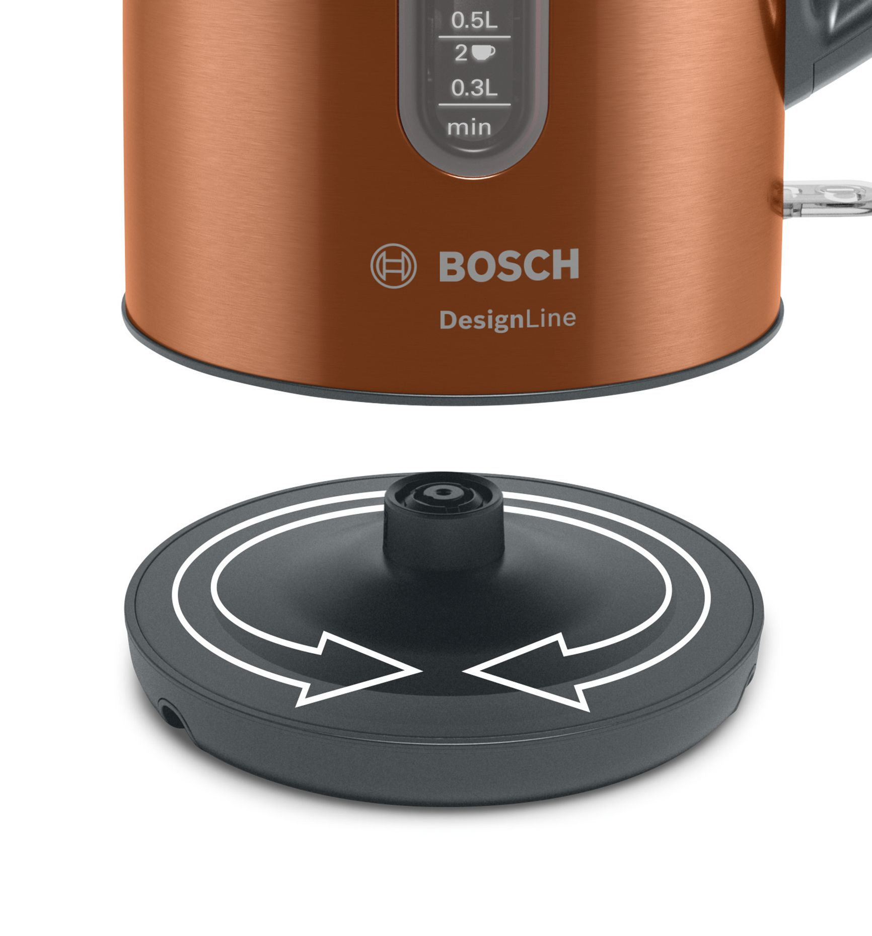 Kupferfarbener Wasserkocher, Basis und Ständer. Die Basis ist schwarz mit weißen Pfeilen. Der Wasserkocher zeigt das 'Bosch'-Logo.