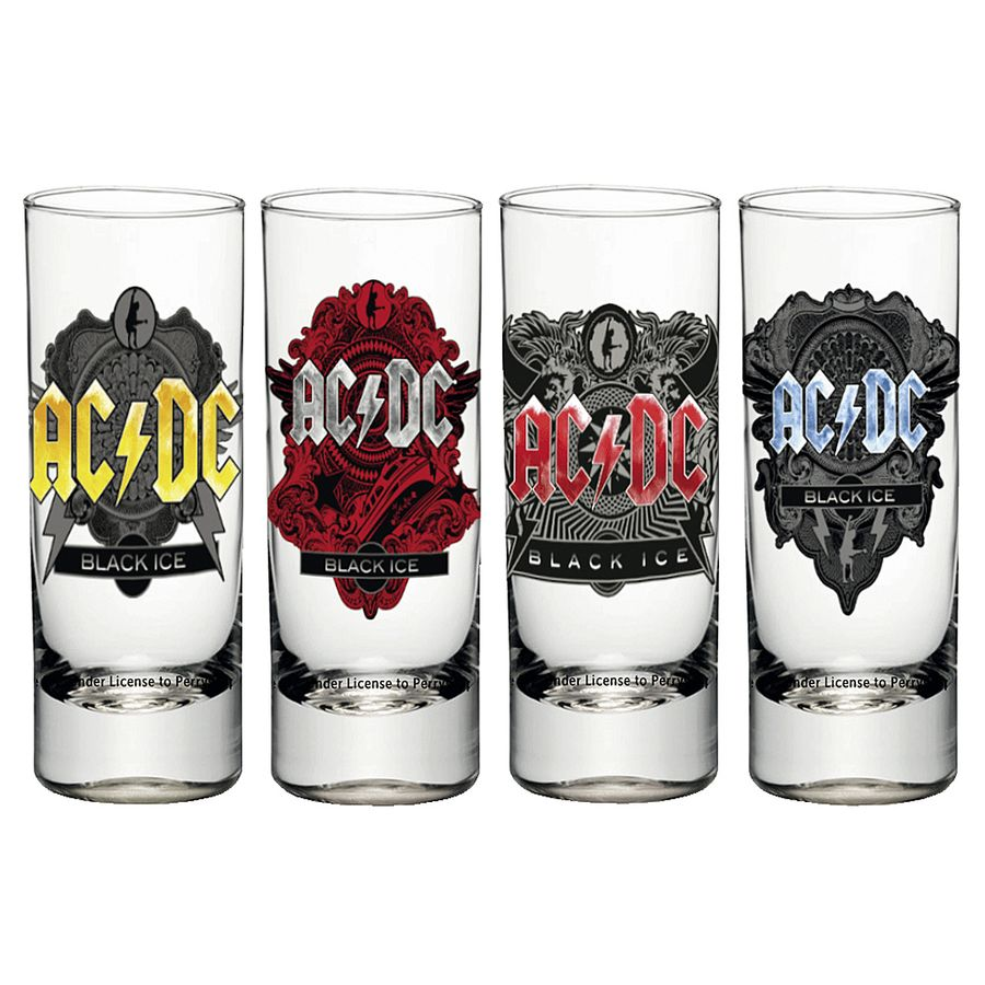 Vier AC/DC Black Ice Schnapsgläser. Jedes mit einem anderen Logo und Design.