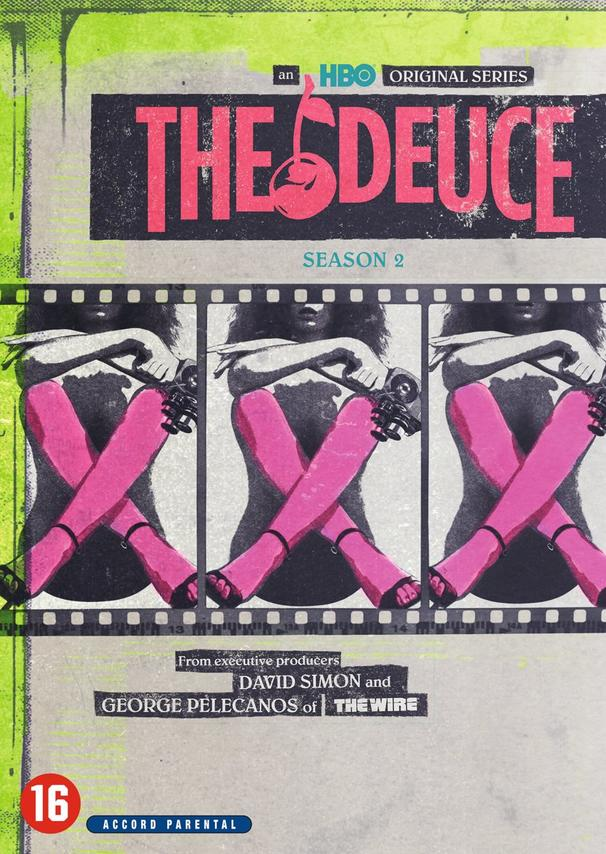 DVD cover with a film strip and three silhouettes with pink legs. The title is 'THE DEUCE'.