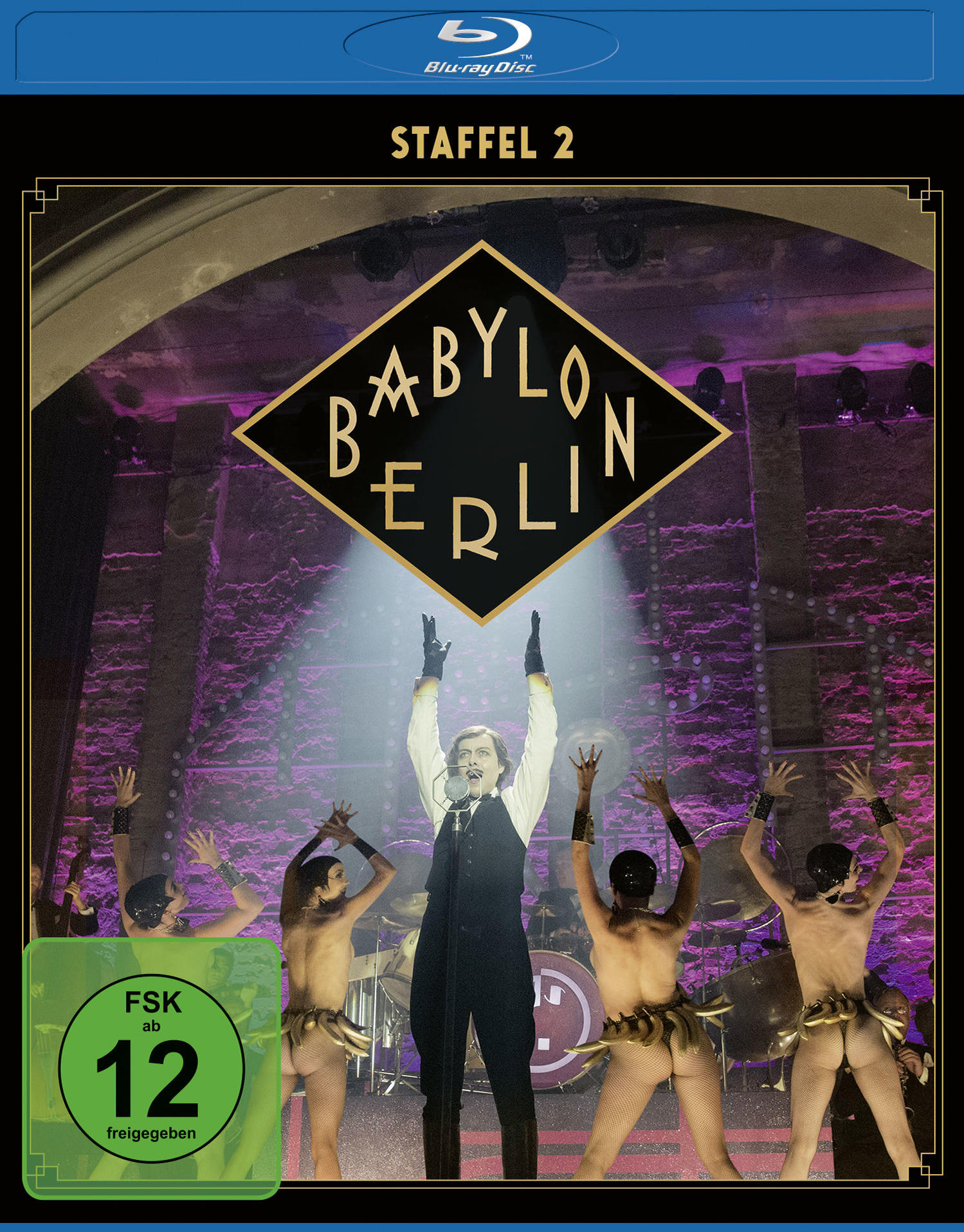 Blu-ray-Cover für 'Babylon Berlin: Staffel 2'. Szene mit Darstellern, Titel in Raute.