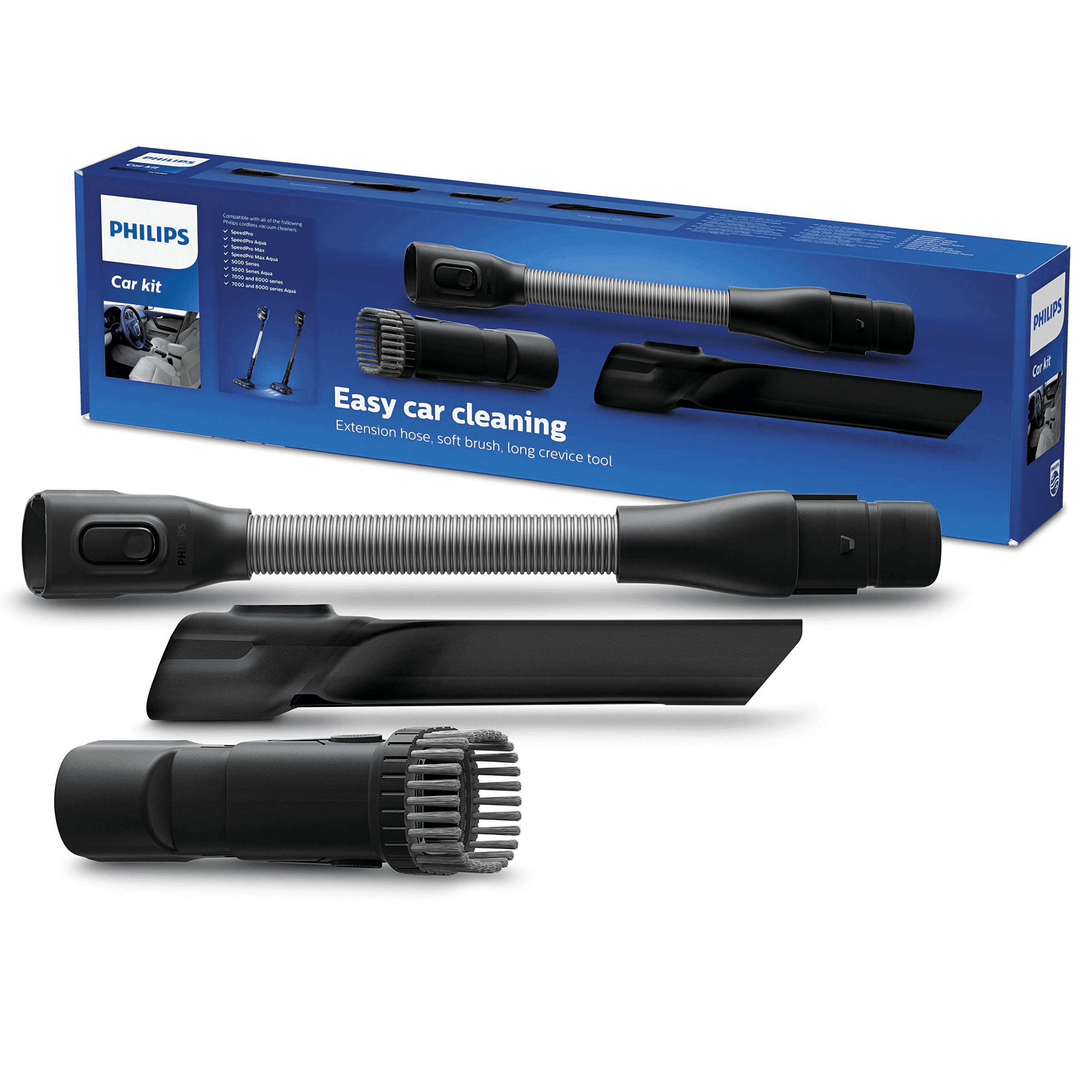Ein Philips Auto-Reinigungsset mit verschiedenen Aufsätzen und einer Box mit Produktinformationen.