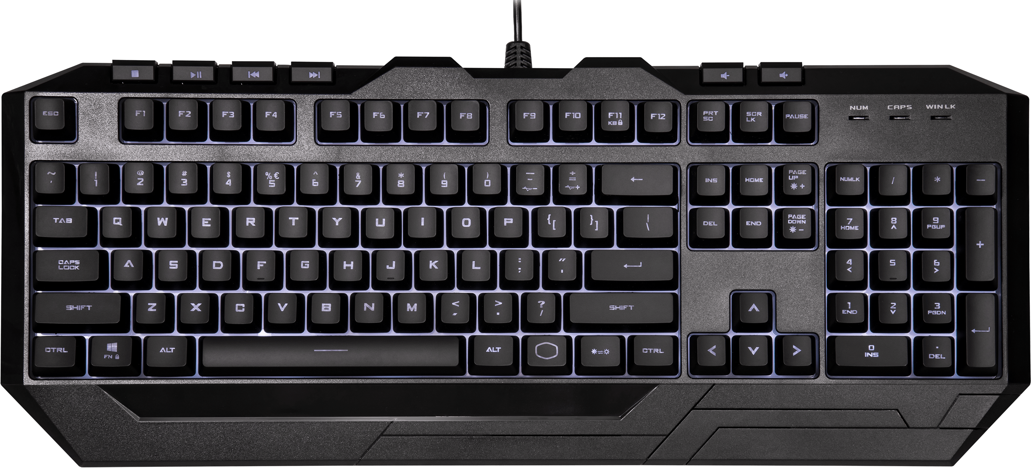Un clavier noir avec des touches éclairées, avec des touches de fonction en haut et un pavé numérique.