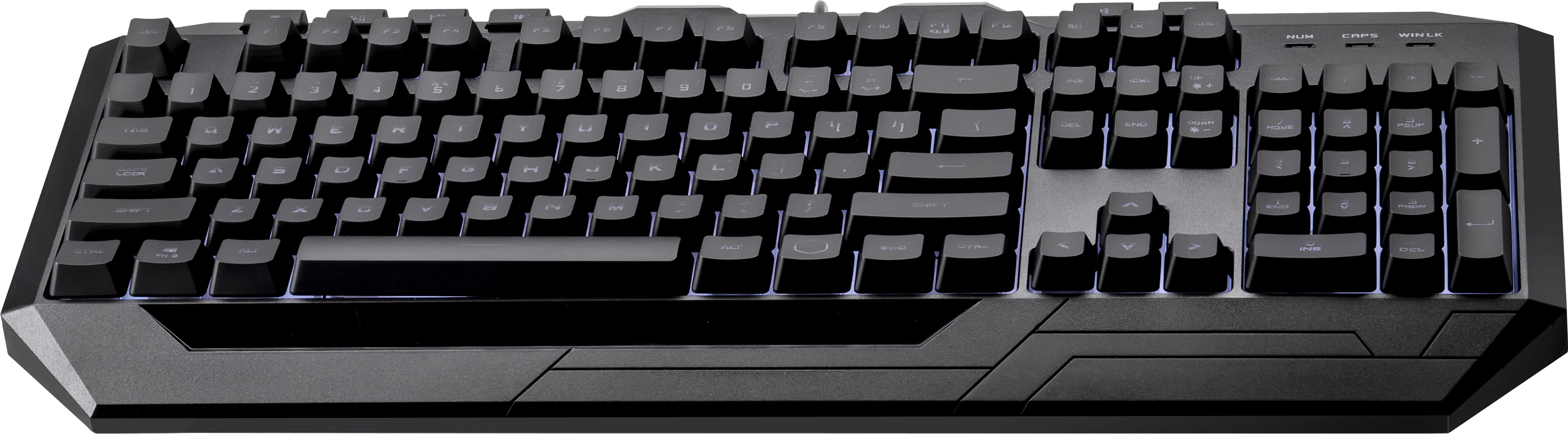 Clavier de jeu noir avec touches éclairées. Design angulaire. Fond blanc. Vue de dessus.