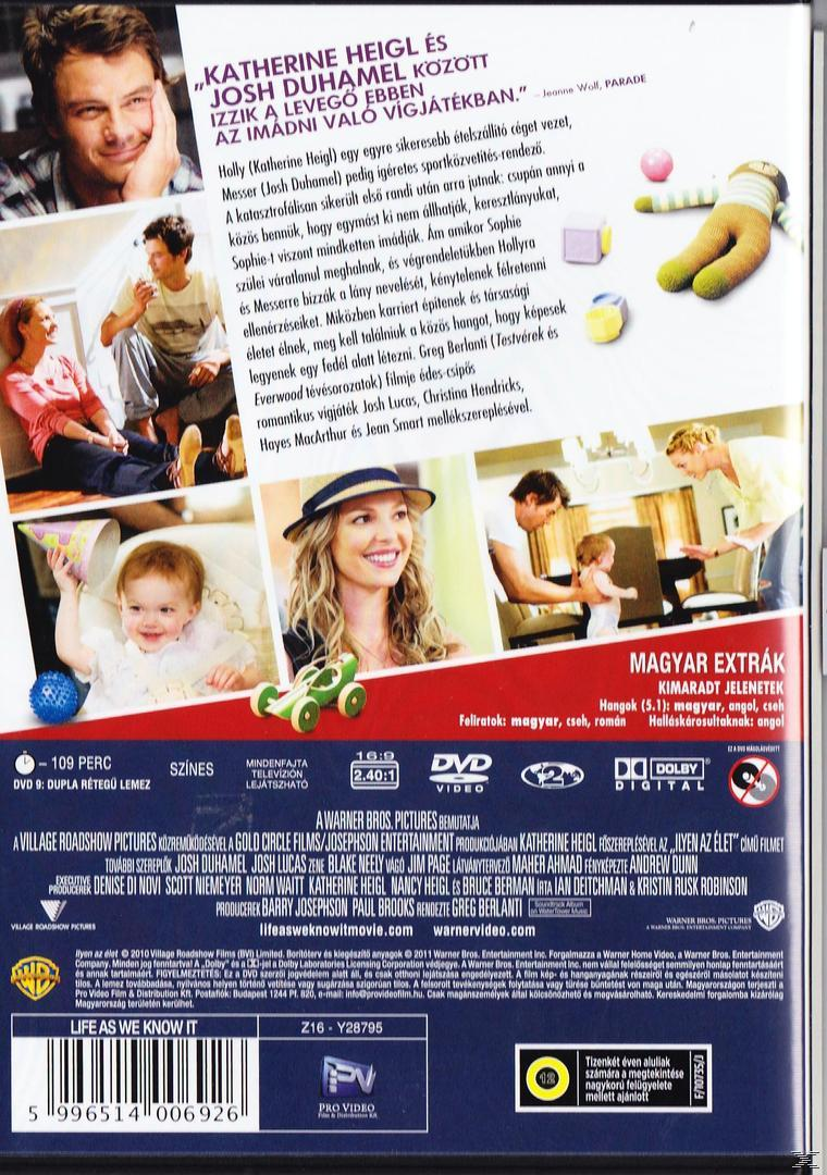 A „Life As We Know It” című film DVD-borítója, egy csoport emberrel, a film stáblistájával az alján.